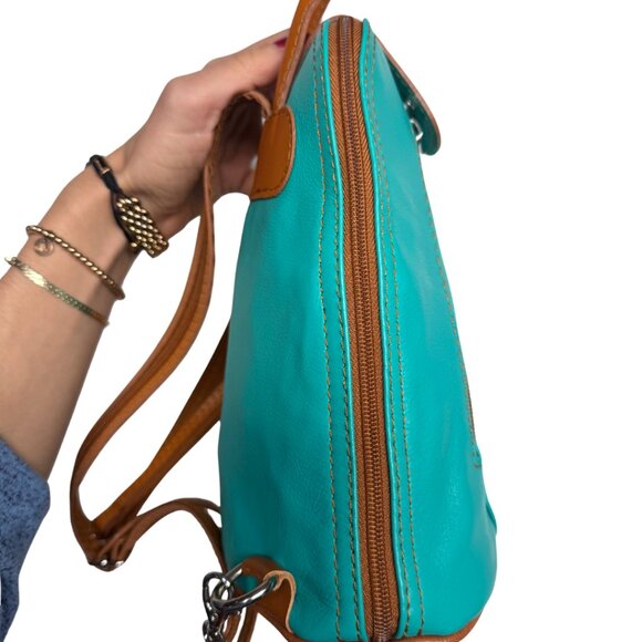 VERA PELLE Italian Genuine Leather Mini Backpack | Mint Green & Tan Brown | New - Picture 3 of 17